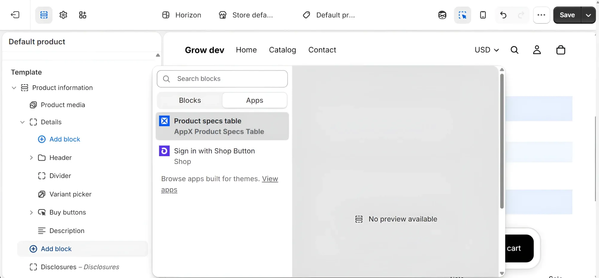 The Add block menu in Shopify’s theme editor, open on the Apps tab: Product specs table by AppX Product Specs Table is listed first, with a search box above it