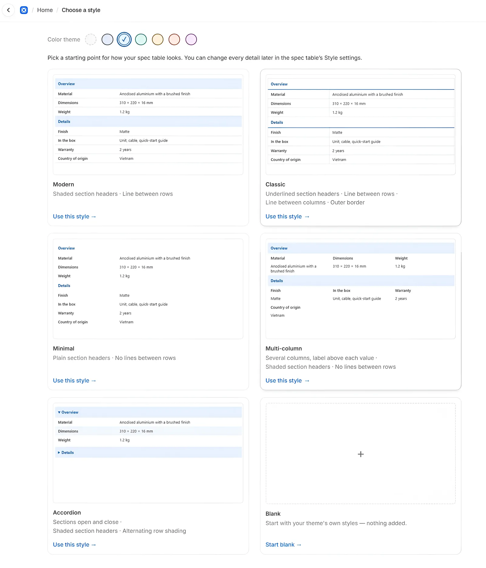 The Choose a style page in AppX: a Color theme row above six cards - Modern, Classic, Minimal, Multi-column and Accordion, each with a "Use this style" link, and Blank with a "Start blank" link