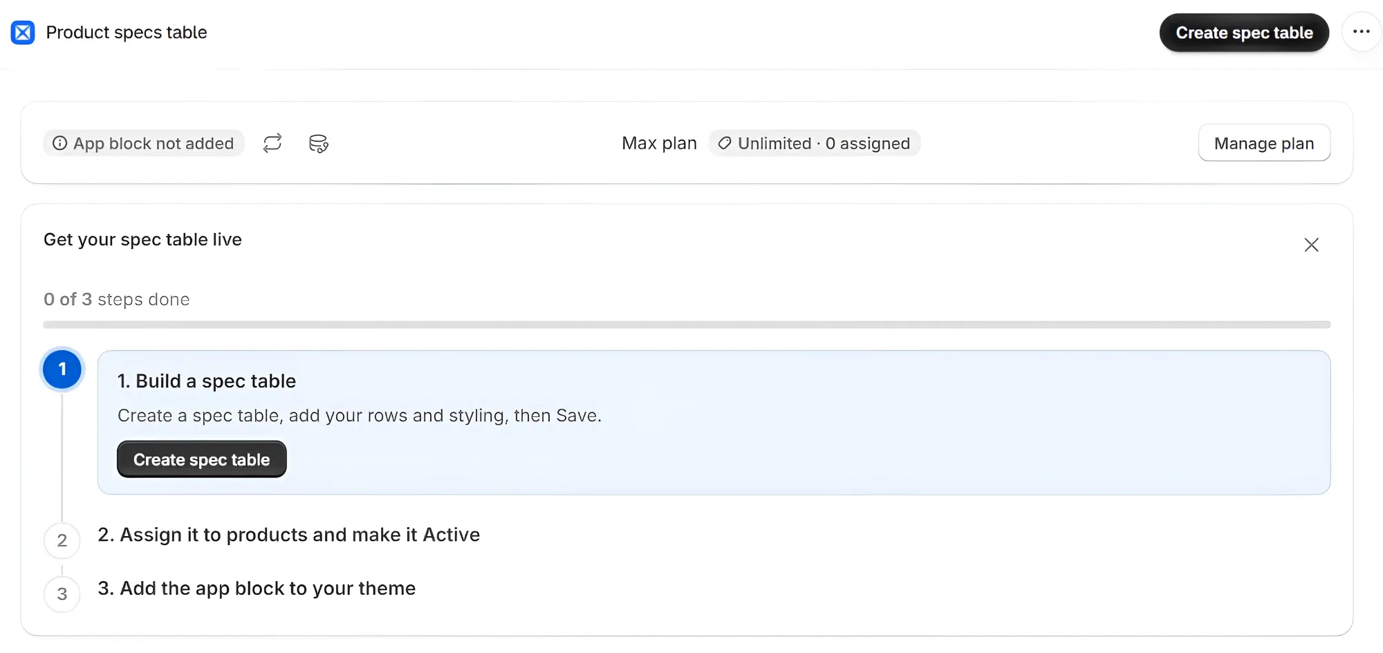 AppX Home page: the "Get your spec table live" checklist with step 1, "Build a spec table", open with its Create spec table button, and the same button at the top right