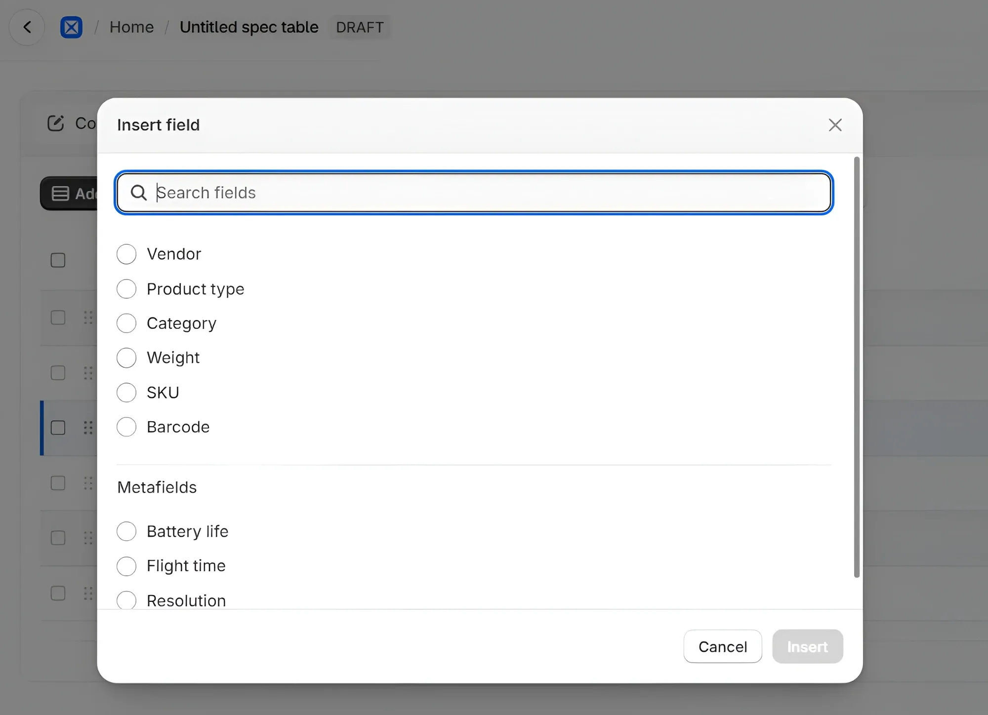 The Insert field dialog in AppX: a Search fields box above the Shopify fields Vendor, Product type, Category, Weight, SKU and Barcode, then a Metafields section listing Battery life, Flight time and Resolution, with Cancel and Insert buttons at the bottom