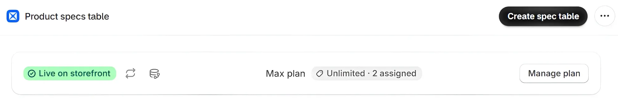 The status bar at the top of the AppX Home page: a green Live on storefront badge with a refresh icon next to it, then the plan and the number of assigned products, and a Manage plan button