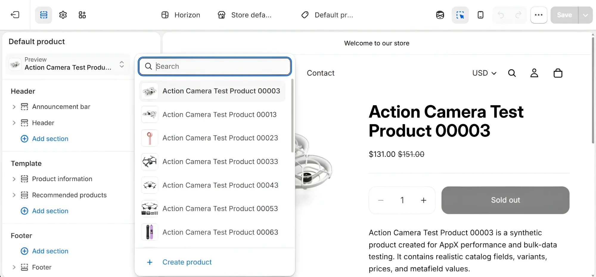 The Default product template in Shopify’s theme editor, with the Preview product menu open at the top of the left panel: a search box above a list of products to preview