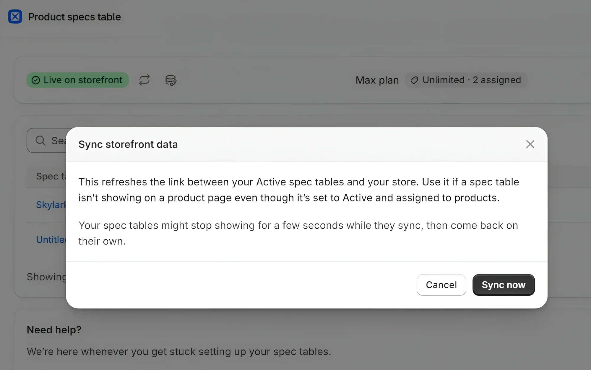 The Sync storefront data window on the AppX Home page: it refreshes the link between your Active spec tables and your store, warns that tables might stop showing for a few seconds, and has Cancel and Sync now buttons