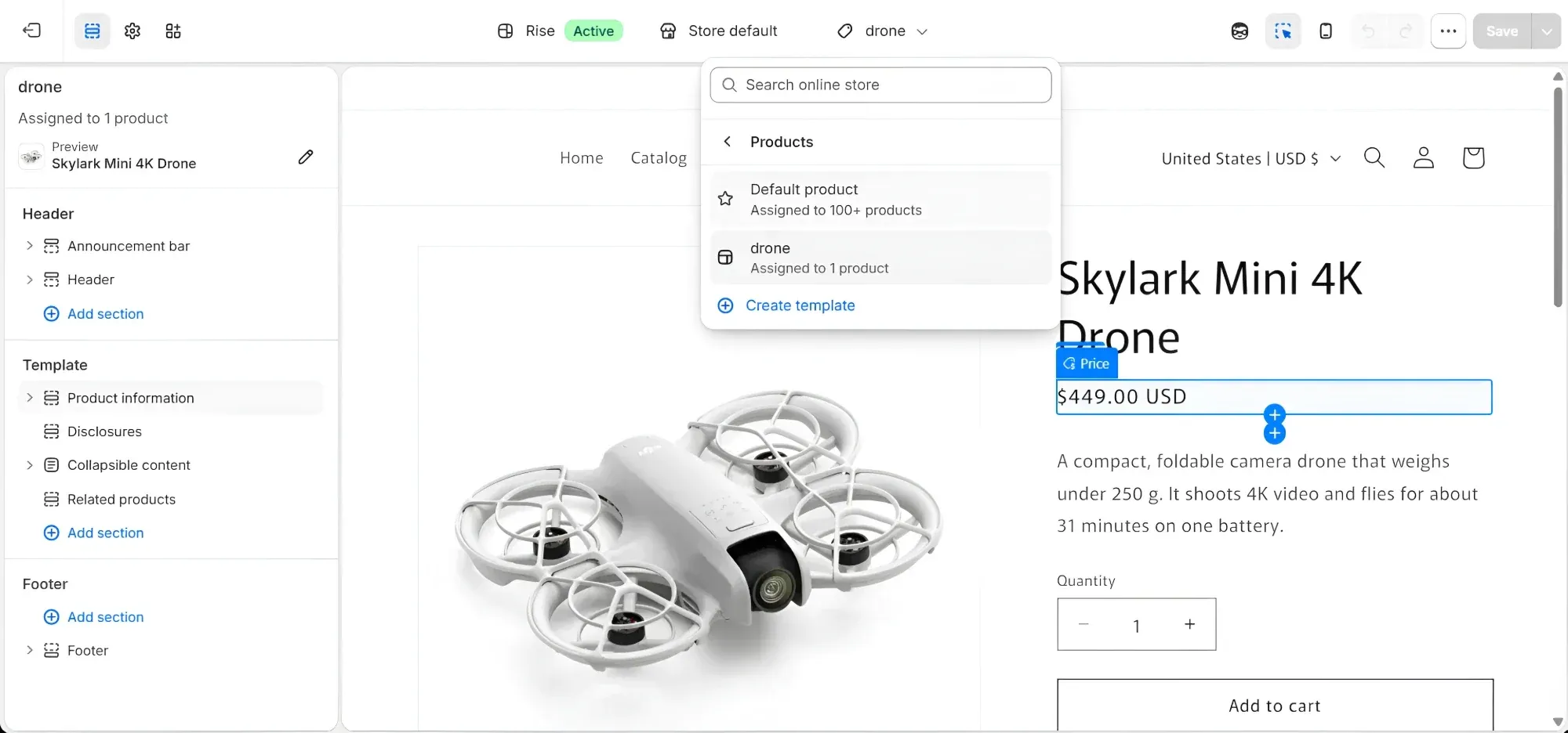 The page menu at the top of Shopify’s theme editor, open on Products: it lists Default product, assigned to 100+ products, and drone, assigned to 1 product