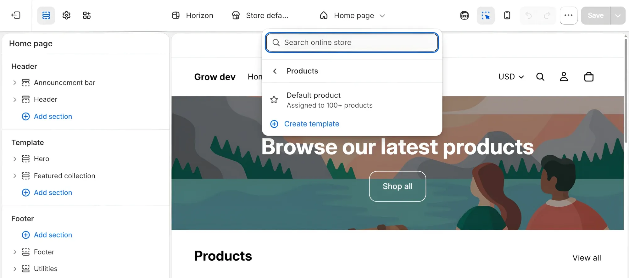The page menu at the top of Shopify’s theme editor, open on Products: it lists Default product, assigned to 100+ products, and a Create template link