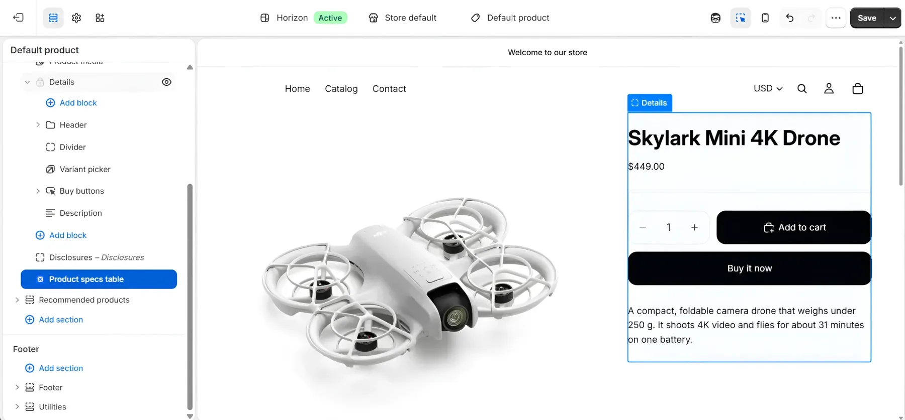 The Shopify theme editor on a product page template: the Product specs table block is selected in the left panel, inside the product details section below Disclosures, with a preview of the product page on the right and the Save button at the top right