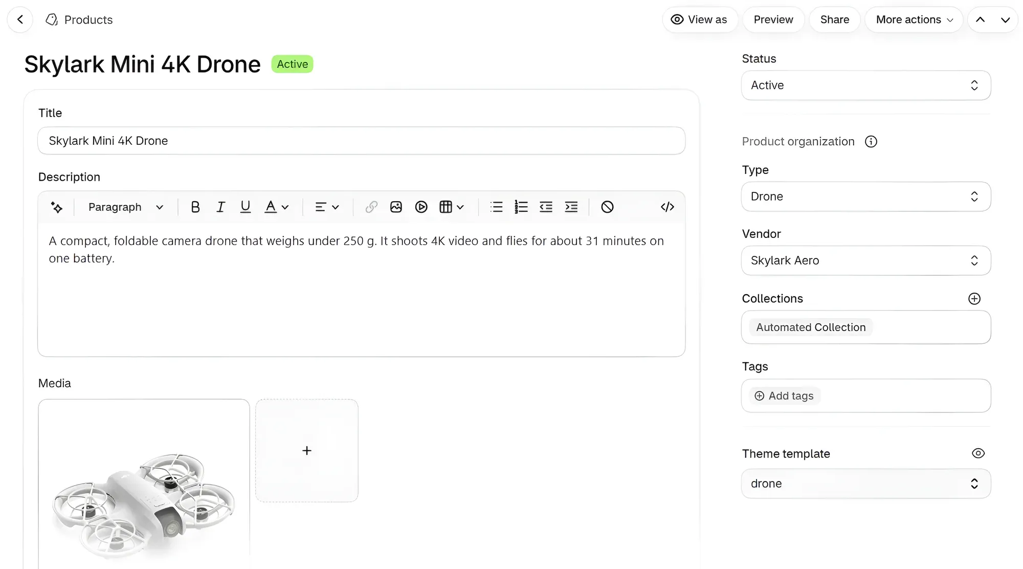 A product page in the Shopify admin: on the right, under Tags, the Theme template setting is set to drone